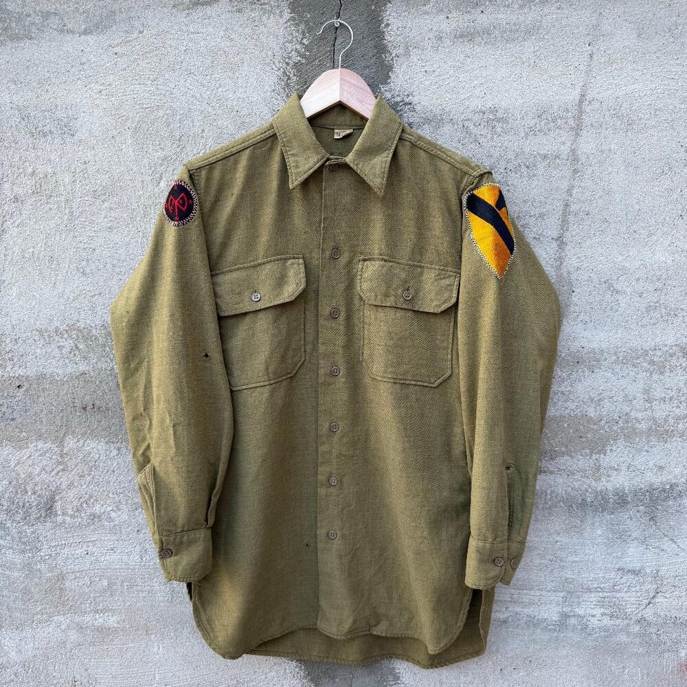 40's US Military Tan Khaki Patched Button Down Shirt